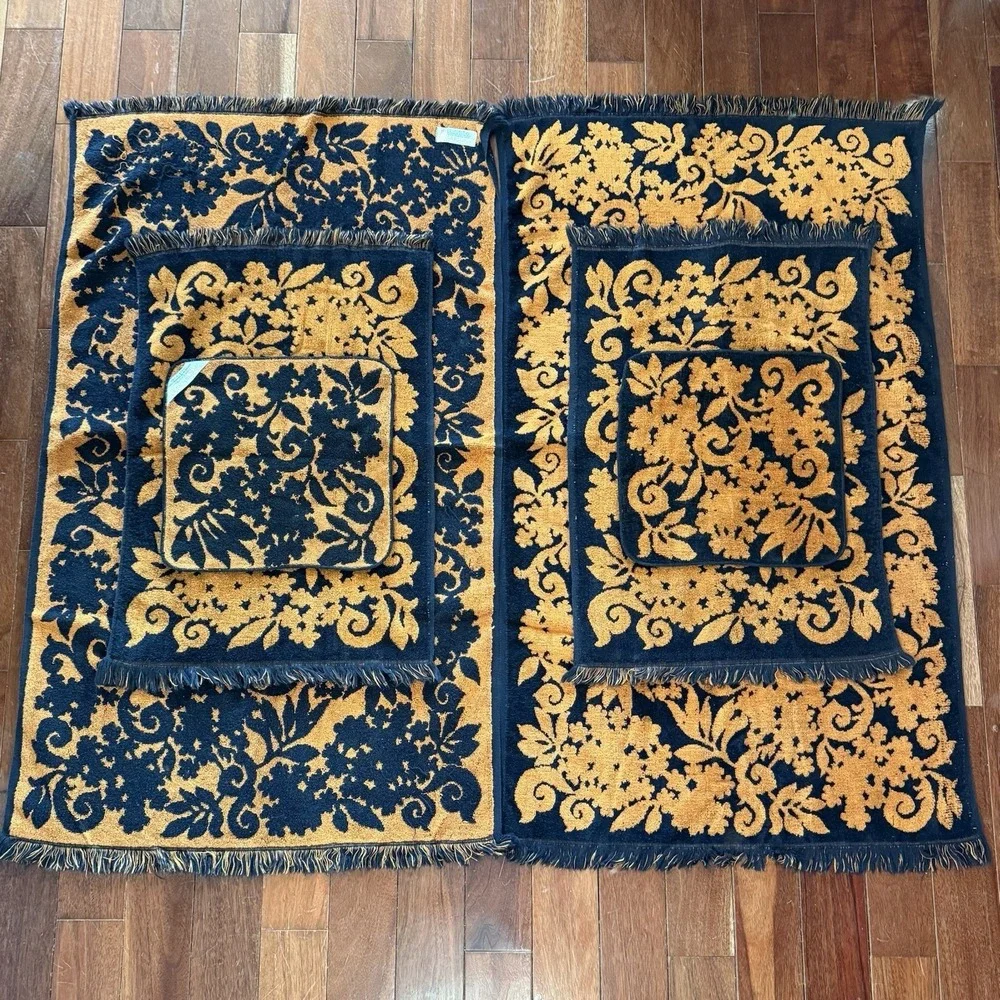 6pc VTG 1960s MCM Springmaid Orange Black Damask Bath Towel Set Hand Washcloth